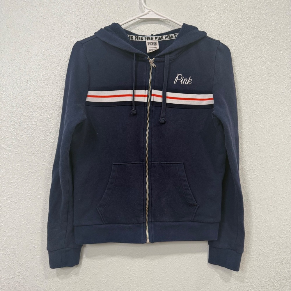 Victorias Secret PINK Full Zip Hoodie Navy Blue Striped Love Pink Graphic Small